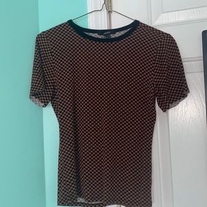 orange and black checkerboard, tight fitting shirt